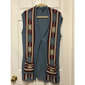 Chaps Long Knit Vest Women LG Southwest Aztec Pockets Open Front Western Sweater